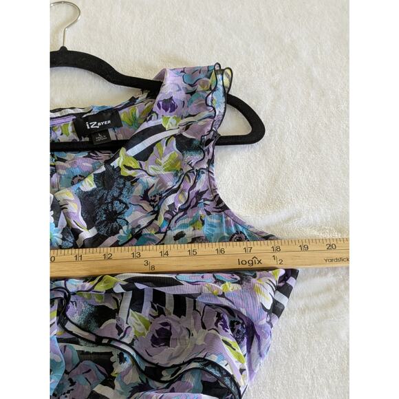 IZ Byer Blouse Junior Large‎ Y2K Floral Stripes Sheer Sleeveless Ruffle Feminine - Picture 3 of 7